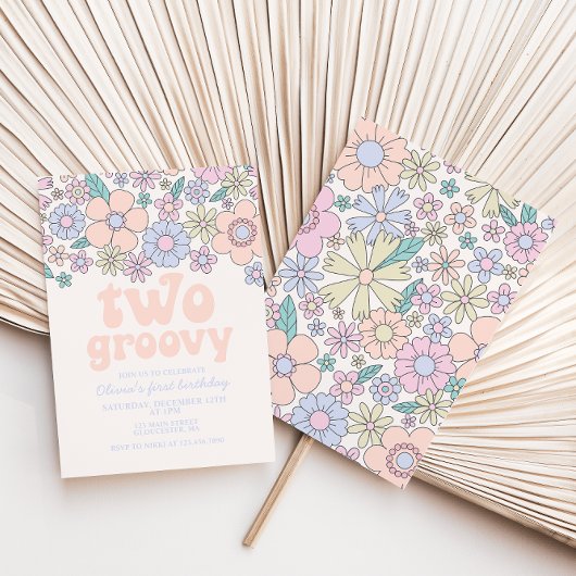 Twee Groovy Retro Floral 2e verjaardag Uitnodiging