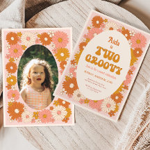 Twee Groovy Retro Floral 2e Verjaardag Uitnodiging