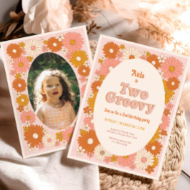 Twee Groovy Retro Floral 2e Verjaardag Uitnodiging