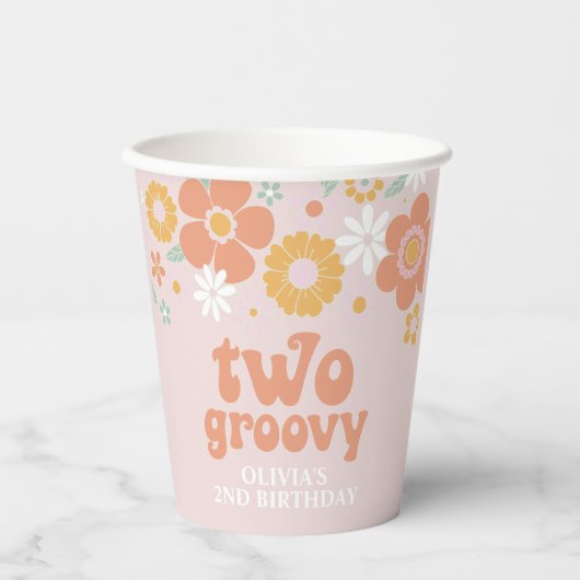 Twee Groovy Retro Floral 2e verjaardagscourant Papieren Bekers (Voorkant)