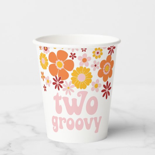 Twee Groovy Retro Floral Birthday Paper Cups Papieren Bekers (Voorkant)