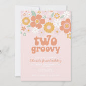Twee Groovy Retro Floral eerste verjaardag Uitnodi Kaart (Voorkant)