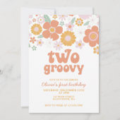 Twee Groovy Retro Floral eerste verjaardag Uitnodi Kaart (Voorkant)