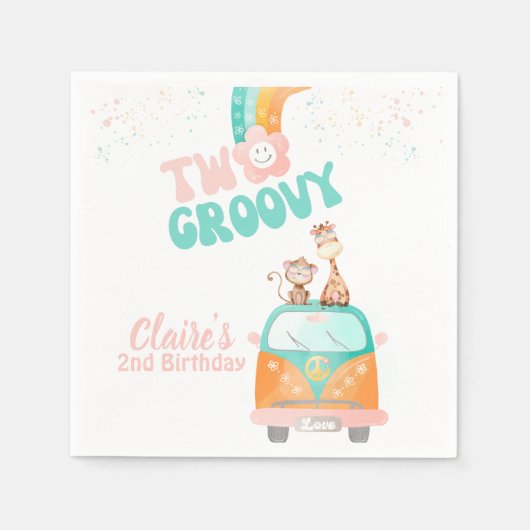 Twee Groovy Retro Floral regenboogdaisy verjaardag Servet (Voorkant)