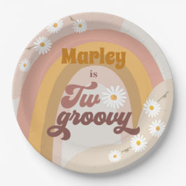 Twee Groovy Retro Hippie Daisy Girl 2e verjaardag Papieren Bordje