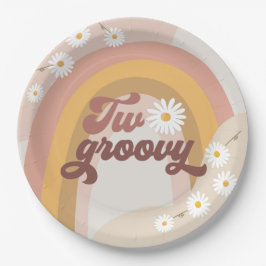 Twee Groovy Retro Hippie Daisy Girl 2e verjaardag Papieren Bordje