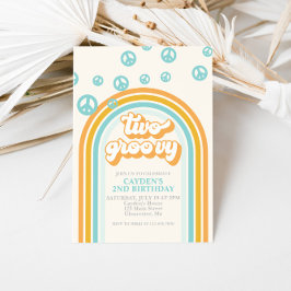 TWEE Groovy Retro Jongen 2e Verjaardagsuitnodiging Kaart