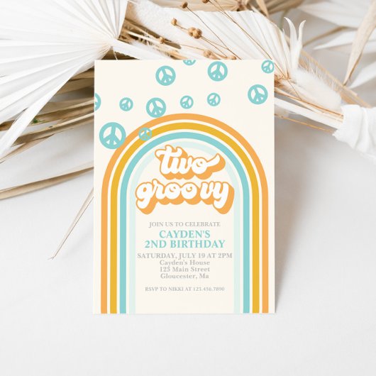 TWEE Groovy Retro Jongen 2e Verjaardagsuitnodiging Kaart