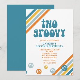 Twee Groovy Retro Jongen 2e Verjaardagsuitnodiging Kaart