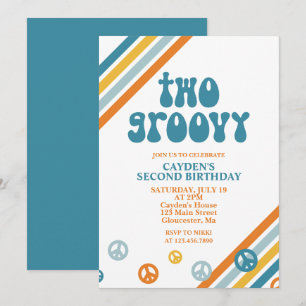 Twee Groovy Retro Jongen 2e Verjaardagsuitnodiging Kaart