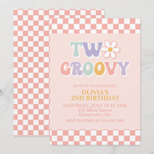 Twee Groovy Retro Madeliefje en Geruit 2e Verjaard Kaart