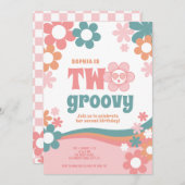 Twee Groovy Retro Meisje 2e verjaardag Uitnodiging (Voorkant / Achterkant)