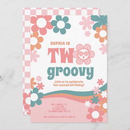 Twee Groovy Retro Meisje 2e verjaardag Uitnodiging (Voorkant / Achterkant)