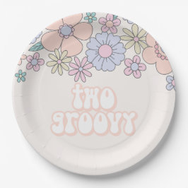 Twee Groovy Retro pastel Floral 2de verjaardag Papieren Bordje