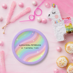 Twee Groovy Retro Pastel Regenboog 2e Verjaardag Papieren Bordje