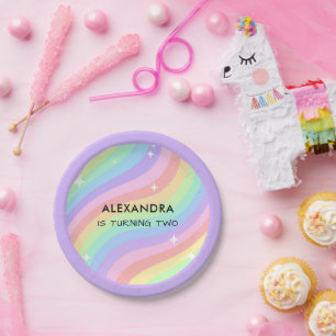 Twee Groovy Retro Pastel Regenboog 2e Verjaardag Papieren Bordje