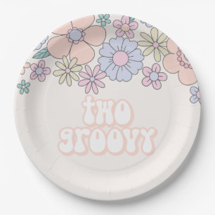 Twee Groovy Retro pastelkleurige bloemen 2de verja Papieren Bordje