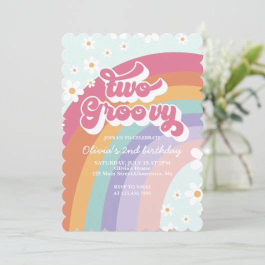Twee Groovy Retro Rainbow 2e Birthday Uitnodiging (Staand voorkant)