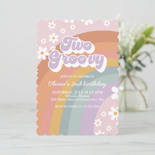 Twee Groovy Retro Rainbow 2e Birthday Uitnodiging (Staand voorkant)