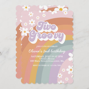 Twee Groovy Retro Rainbow 2e Birthday Uitnodiging