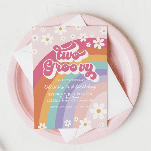 Twee Groovy Retro Rainbow 2e Birthday Uitnodiging