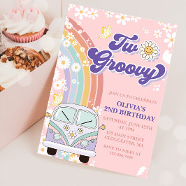 Twee Groovy Retro Rainbow 2e Birthday Uitnodiging