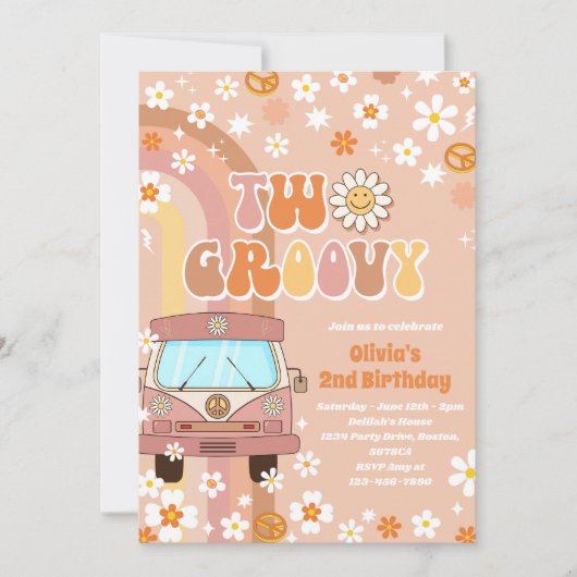 Twee Groovy Retro Rainbow 2e Birthday Uitnodiging (Voorkant)