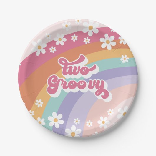 Twee Groovy Retro Rainbow 2e verjaardag Papieren Bordje (Voorkant)