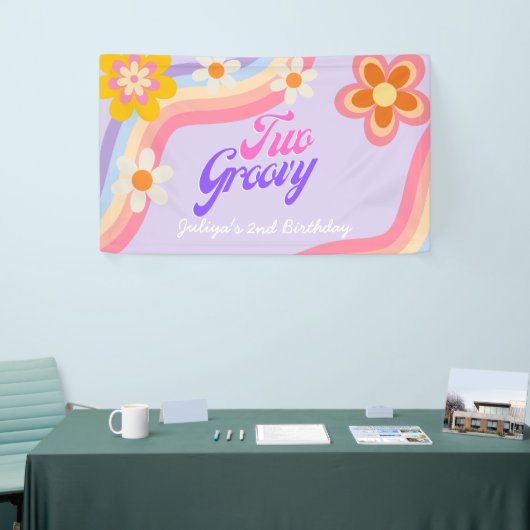 Twee Groovy Retro Rainbow 2e verjaardag Spandoek (Beurs)