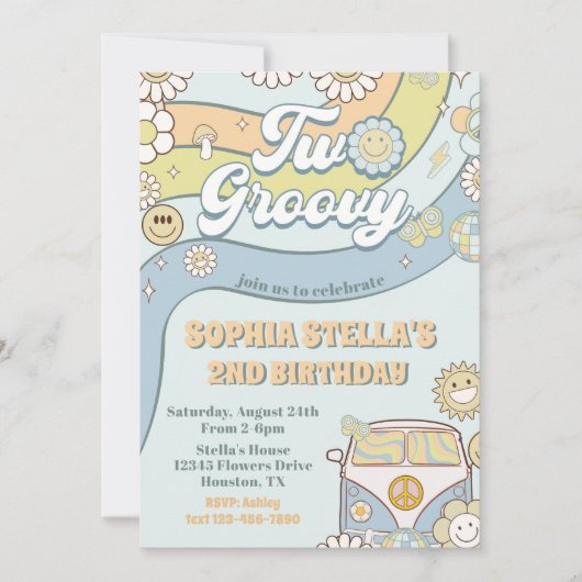 Twee Groovy Retro Rainbow 2e verjaardagsfeestje Kaart (Voorkant)