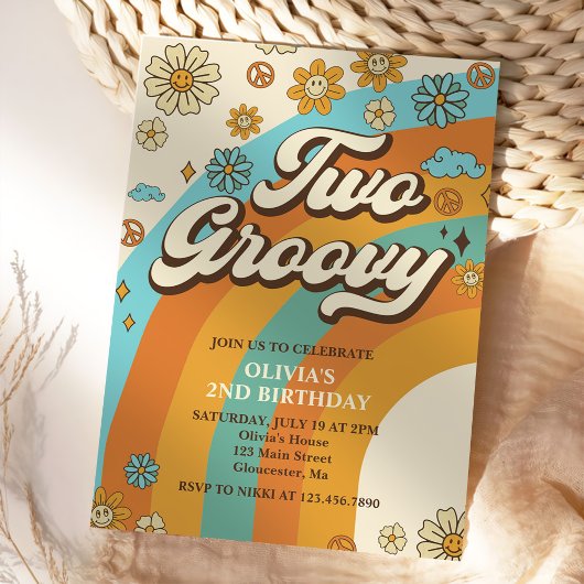 Twee Groovy Retro Rainbow 2e verjaardagsfeestje Kaart