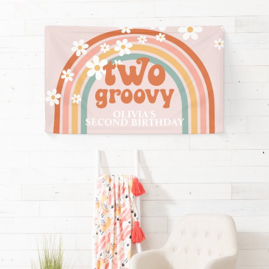 Twee Groovy Retro Rainbow Daisy Birthday Banner (Insitu)