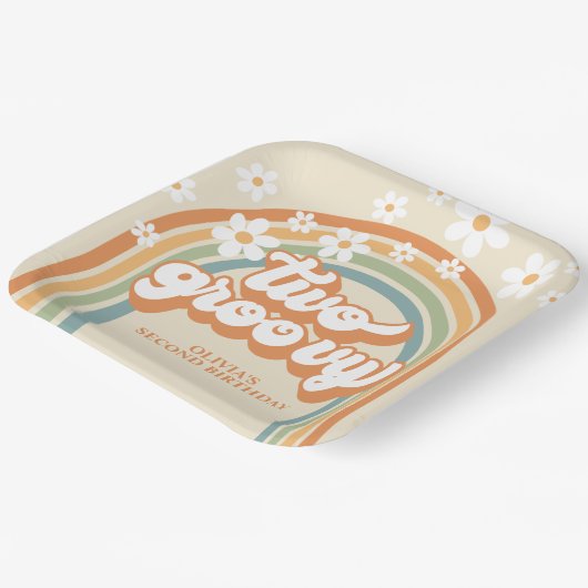 Twee Groovy Retro Rainbow Daisy Birthday Papieren Bordje (Gebogen)