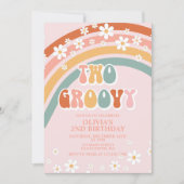 Twee Groovy Retro Rainbow daisy Birthday Uitnodigi Kaart (Voorkant)