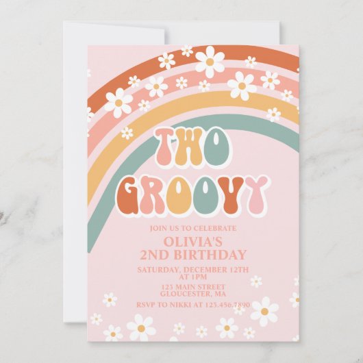Twee Groovy Retro Rainbow daisy Birthday Uitnodigi Kaart (Voorkant)