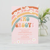 Twee Groovy Retro Rainbow daisy Birthday Uitnodigi Kaart (Staand voorkant)
