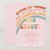 Twee Groovy Retro Rainbow daisy Birthday Uitnodigi Kaart (Voorkant / Achterkant)