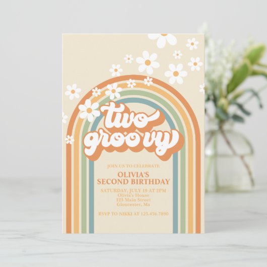 Twee Groovy Retro Rainbow Daisy Birthday uitnodigi Kaart (Staand voorkant)