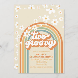 Twee Groovy Retro Rainbow Daisy Birthday uitnodigi Kaart