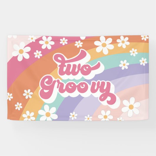 Twee Groovy Retro Regenboog 2de Verjaardag Spandoek (Horizontaal)
