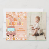 Twee Groovy Retro Regenboog 2e Verjaardag Foto Kaart (Voorkant)