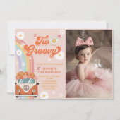 Twee Groovy Retro Regenboog 2e Verjaardag Foto Kaart (Voorkant)