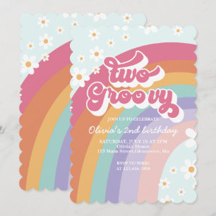 Twee Groovy Retro Regenboog 2e Verjaardagsuitnodig Kaart