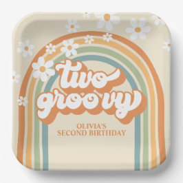 Twee Groovy Retro Regenboog Madelief Verjaardag Papieren Bordje