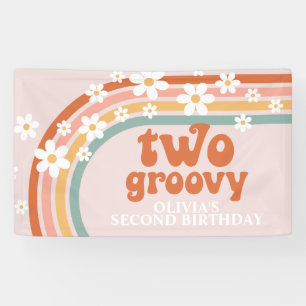 Twee Groovy Retro Regenboog Madelief Verjaardagsba Spandoek