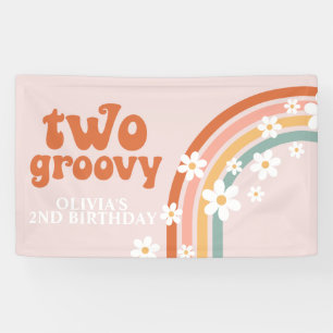 Twee Groovy Retro Regenboog Madelief Verjaardagsba Spandoek