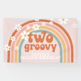 Twee Groovy Retro Regenboog Madelief Verjaardagsba Spandoek