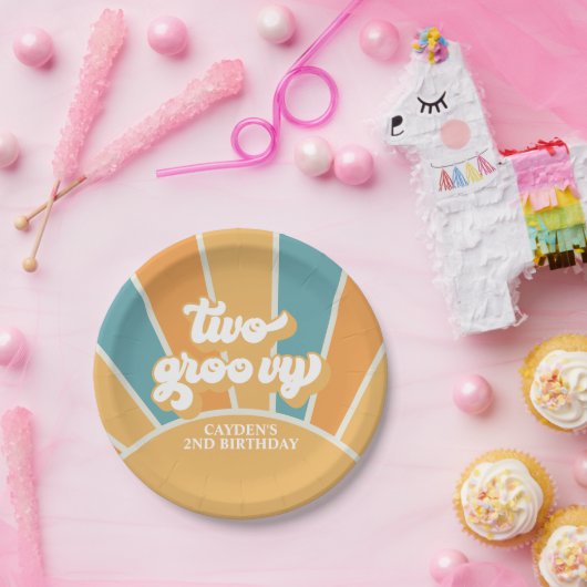 Twee Groovy Retro Sunshine Boy 2de verjaardag Papieren Bordje (Feest)