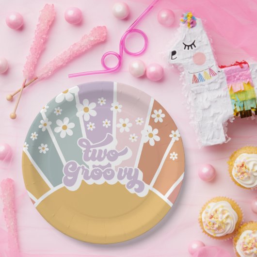 Twee Groovy Retro Sunshine Rainbow Daisy Papieren Bordje (Feest)