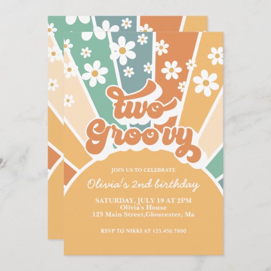 Twee Groovy Retro Sunshine Rainbow Daisy Uitnodigi Kaart (Voorkant / Achterkant)